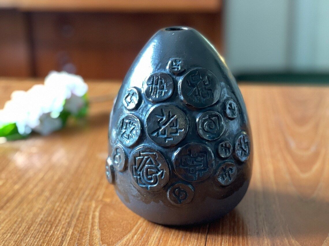 Ceramic Vase By Hans Helving Bornholm In 1965 Brown Glazed With Amulets With Symbols In Relief