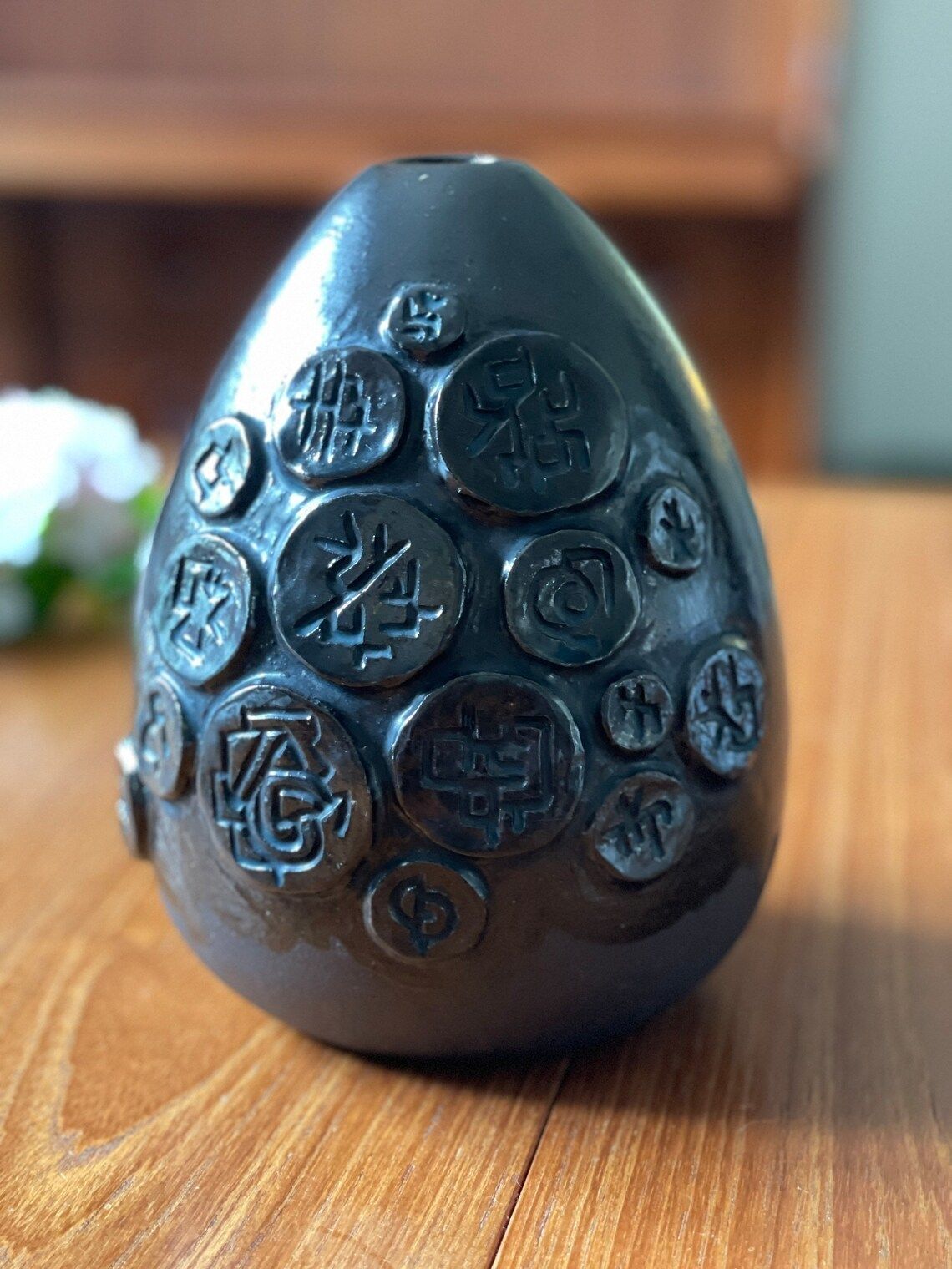 Ceramic Vase By Hans Helving Bornholm In 1965 Brown Glazed With Amulets With Symbols In Relief photo 211.0