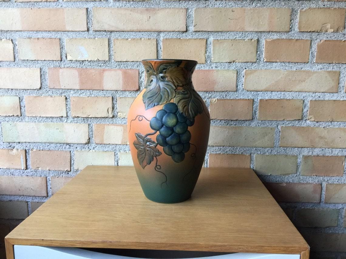 Vase With Wine Grapes By P.I.E. (P Ipsens Enke) A Danish Terracotta Pottery Scandinavian Ceramis From Mid 19th Century To 1955 Ceramics photo Home Decor