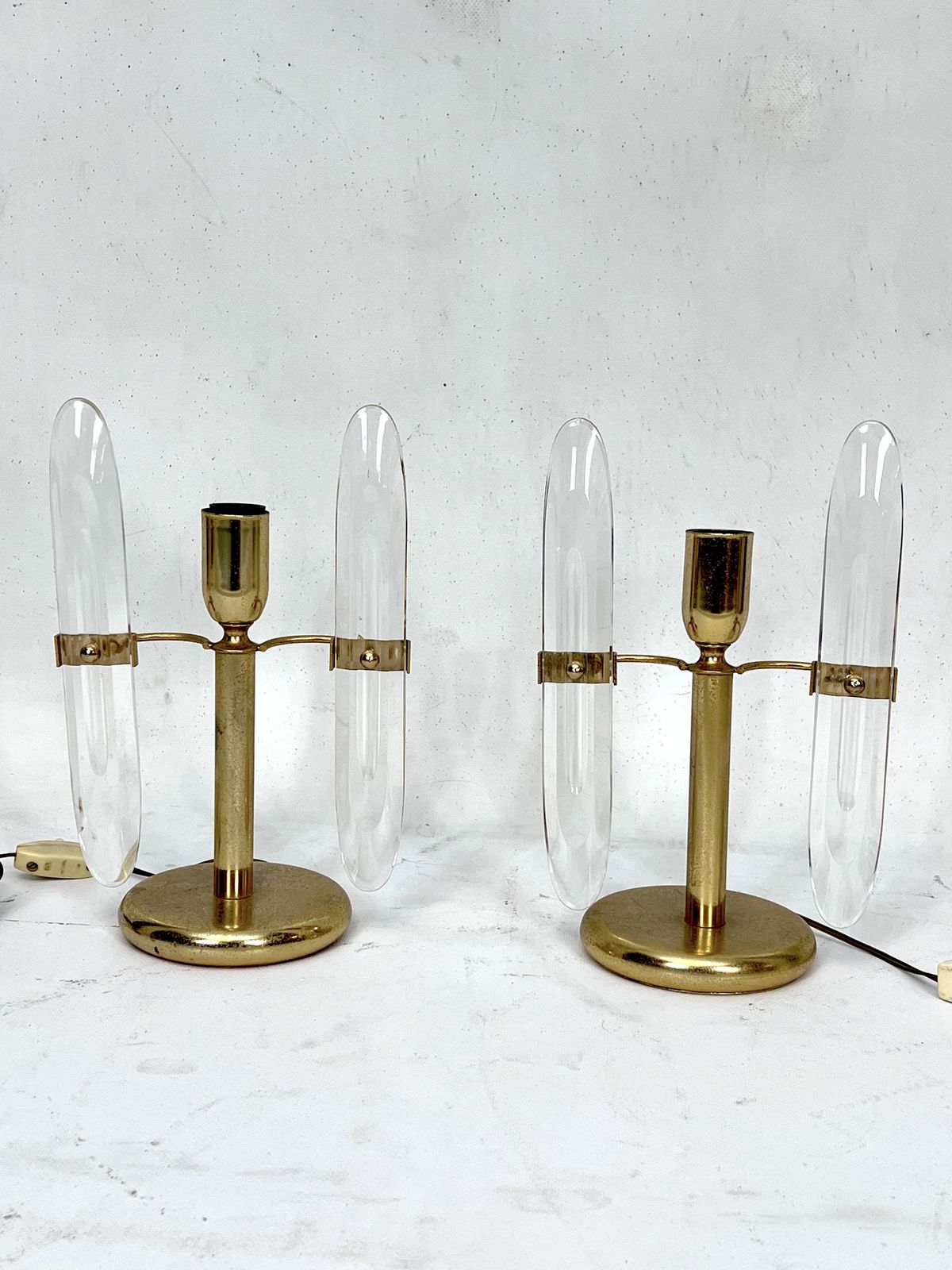 Postmodern Pair Of Gilded Metal And Glass Table Lamps By Stilkronen. Italy 70s