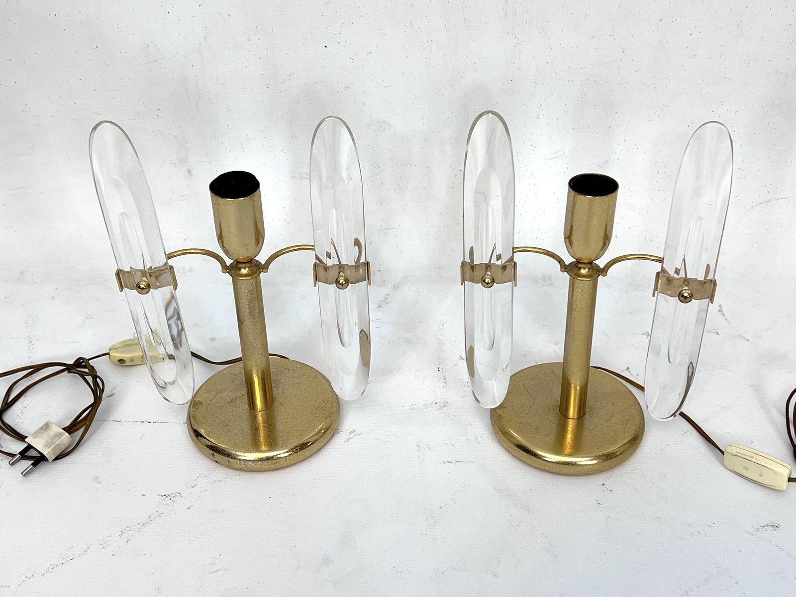 Postmodern Pair Of Gilded Metal And Glass Table Lamps By Stilkronen. Italy 70s photo vintage