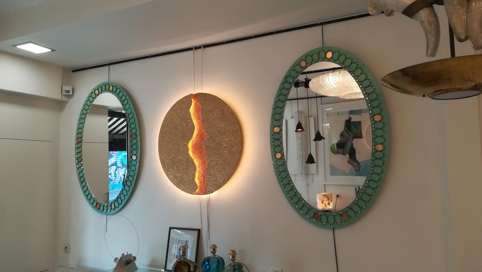 1950s, Italian Opaline Glass And Brass Mirror photo for sale