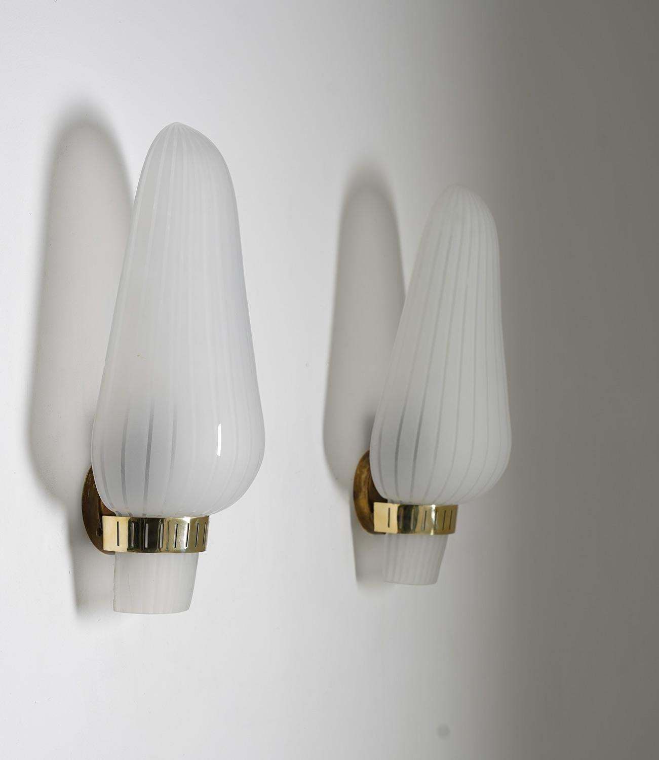 Pair Of Swedish Mid Century Wall Lamps In Brass And Glass By Böhlmarks