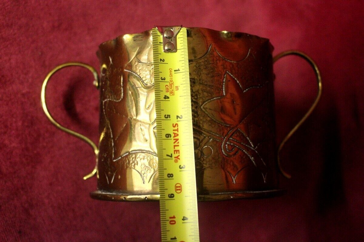photo for sale Vintage French Embossed Brass  Shell Casing Wwi Vase Pot 19th Century With Brass Handles 12 X 9 Cm 1 Kg