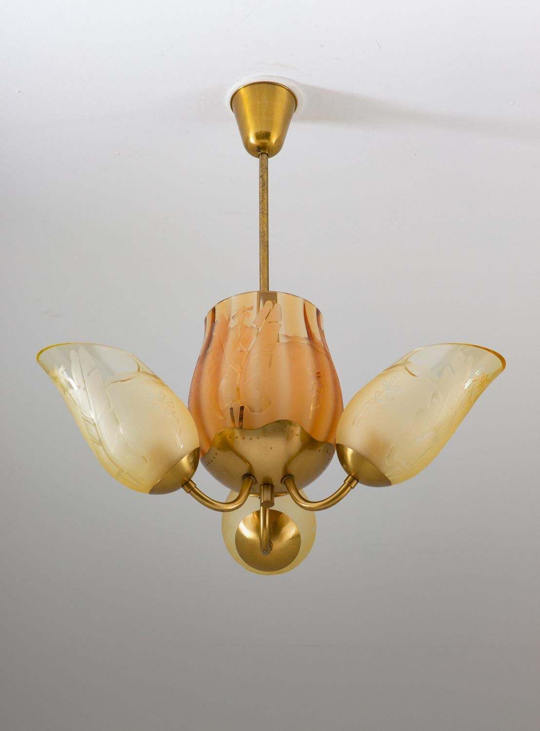 Swedish Modern Chandelier In Brass And Glass By Glössner photo furniture