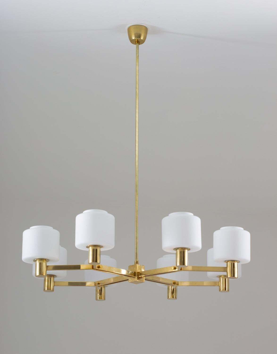 Large Scandinavian Midcentury Chandeliers In Brass And Glass photo for sale