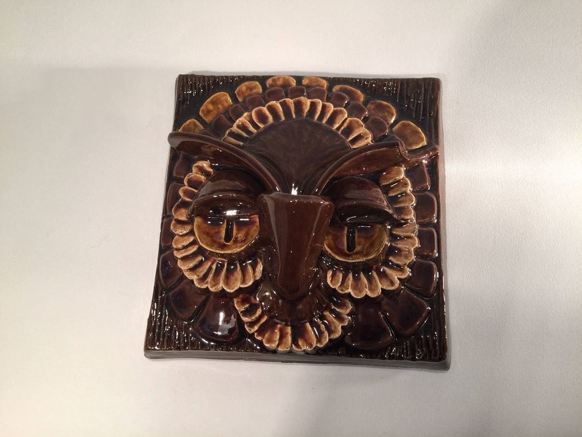 Wall Hanging / Plaque With Big Eyed Owl In Relief From Swedish Pottery Jie