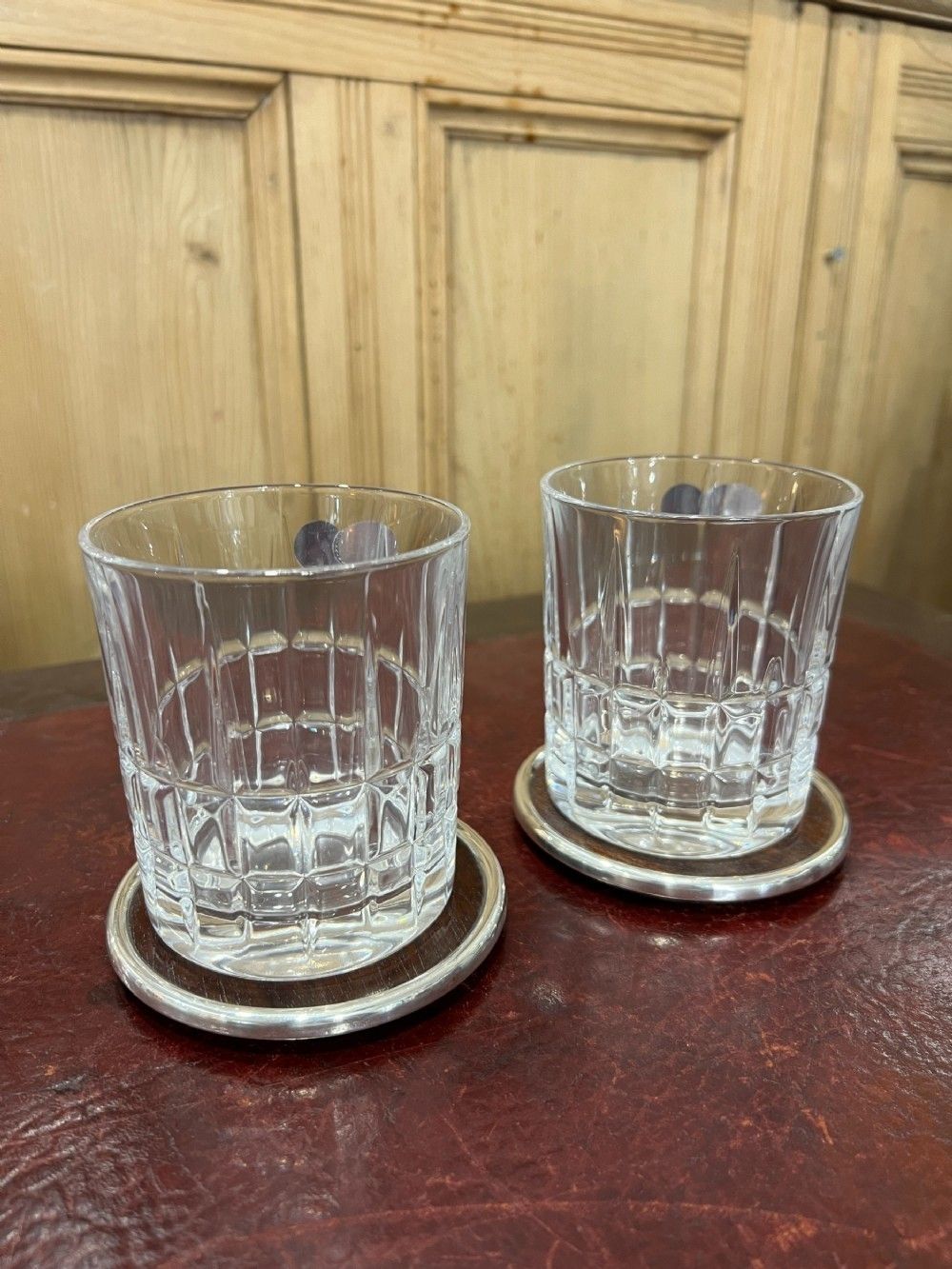 Mappin & Webb Pair Of Sterling Silver Rimmed Wine/Tumbler Glass Coasters photo vinterior