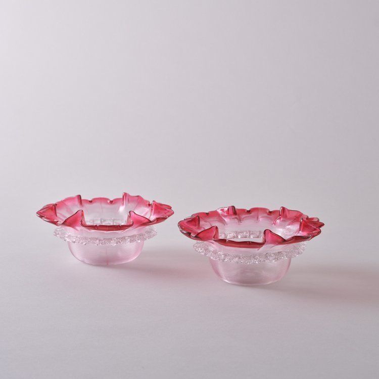 Pair Of Cranberry Glass Sweetmeats With Fine Ribbed Glass Bases