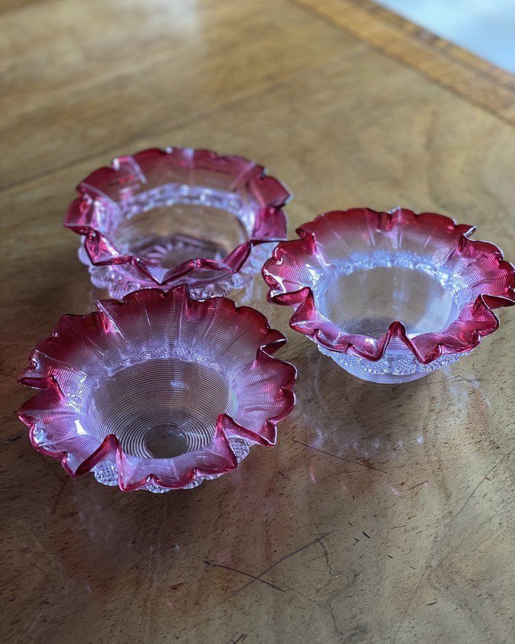Pair Of Cranberry Glass Sweetmeats With Fine Ribbed Glass Bases photo buy