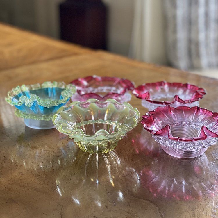 Pair Of Cranberry Glass Sweetmeats With Fine Ribbed Glass Bases photo vintage