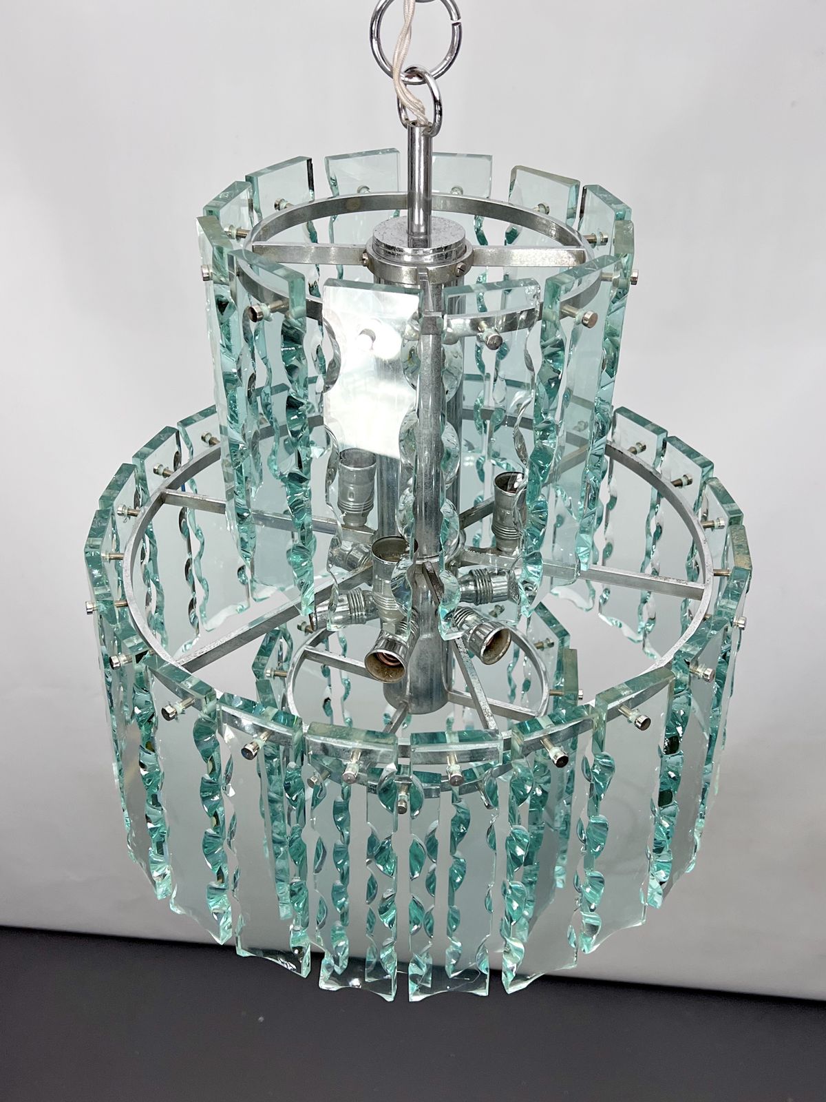 Fontana Arte Style, Italian Cut Glass Chandelier By Zero Quattro. 1970s photo vinterior