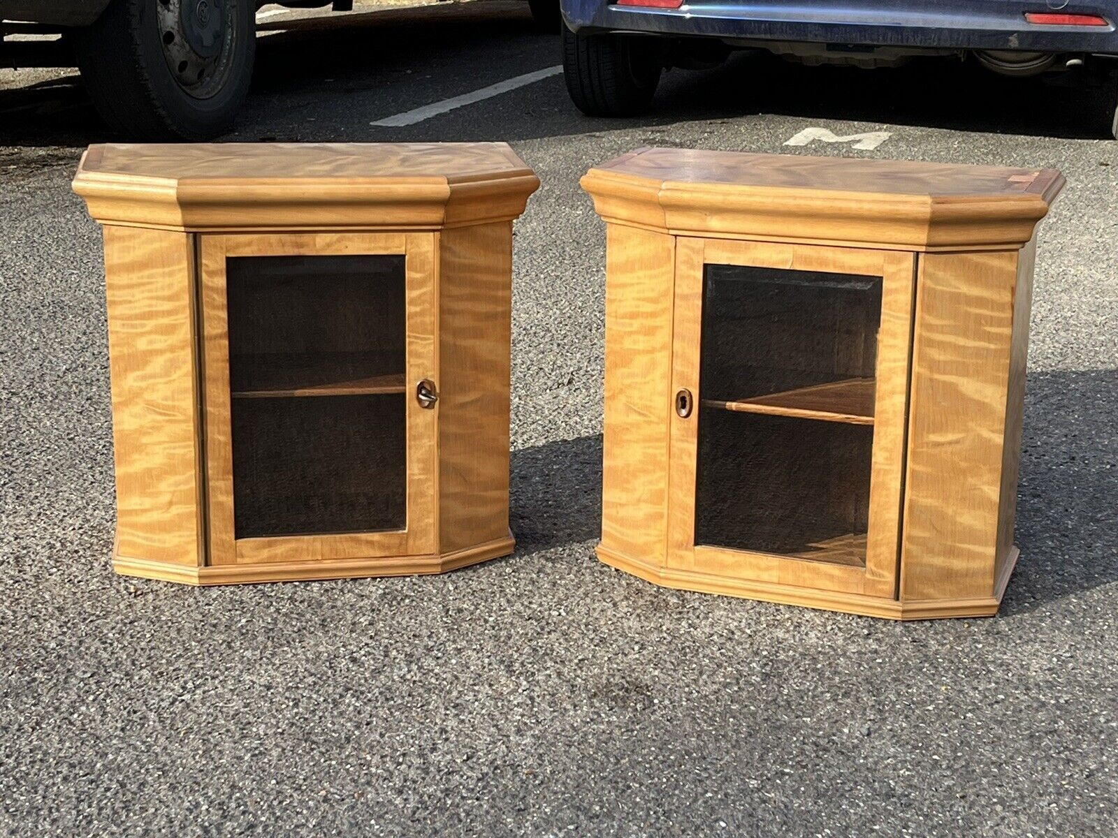Furniture Superb Pair Of Satinwood Collectors Table  Wall Display Cabinets. photo