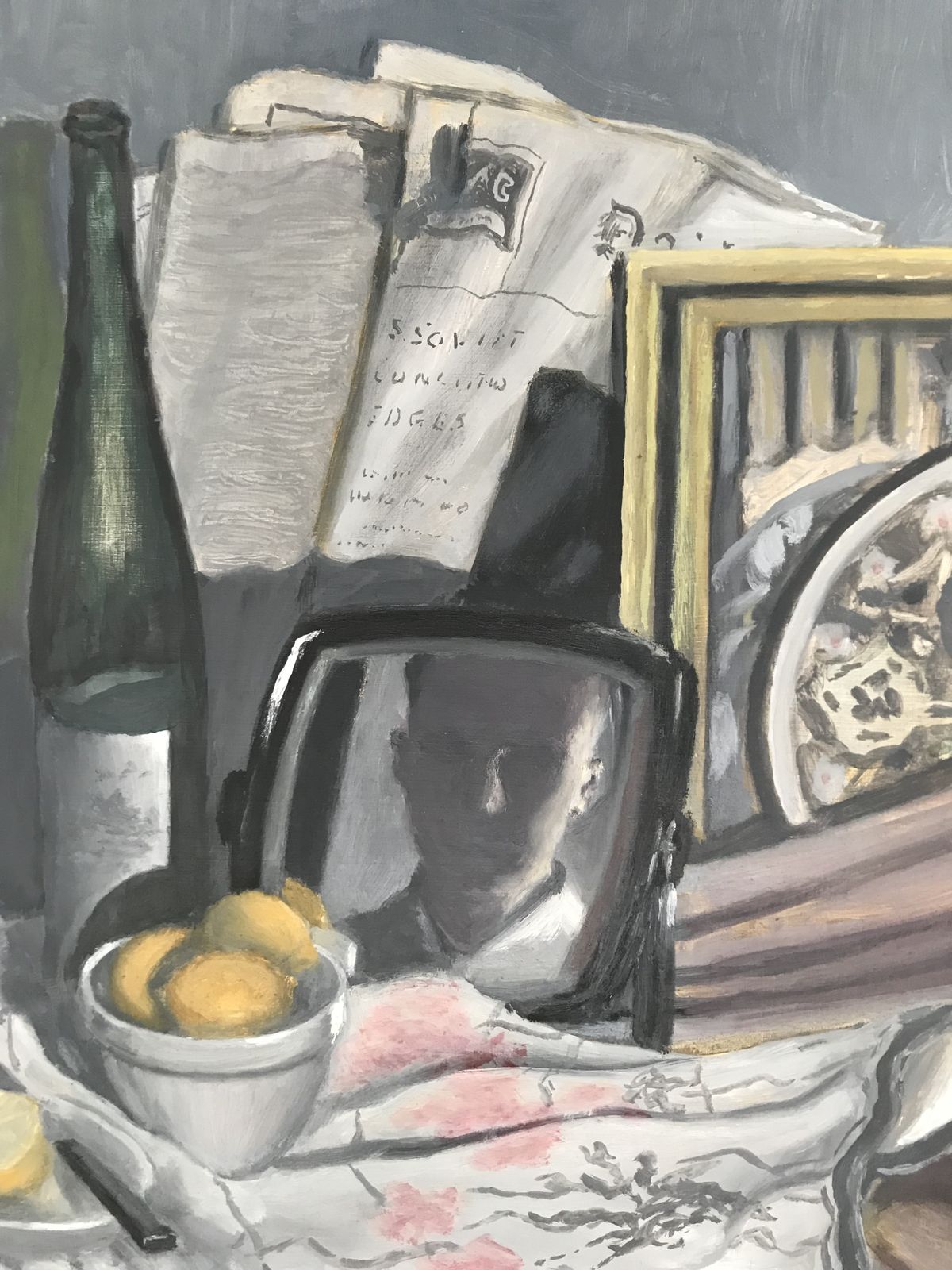 20th Century Still Life Oil On Board  Of A Tablescape With A Reflected Portrait And Newspaper With A Soviet Headline photo furniture