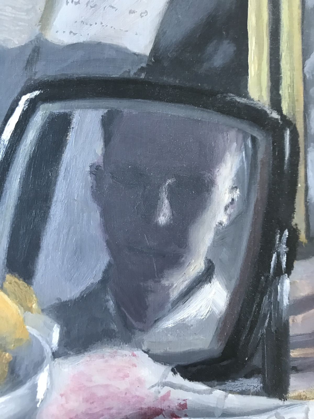 20th Century Still Life Oil On Board  Of A Tablescape With A Reflected Portrait And Newspaper With A Soviet Headline photo for sale
