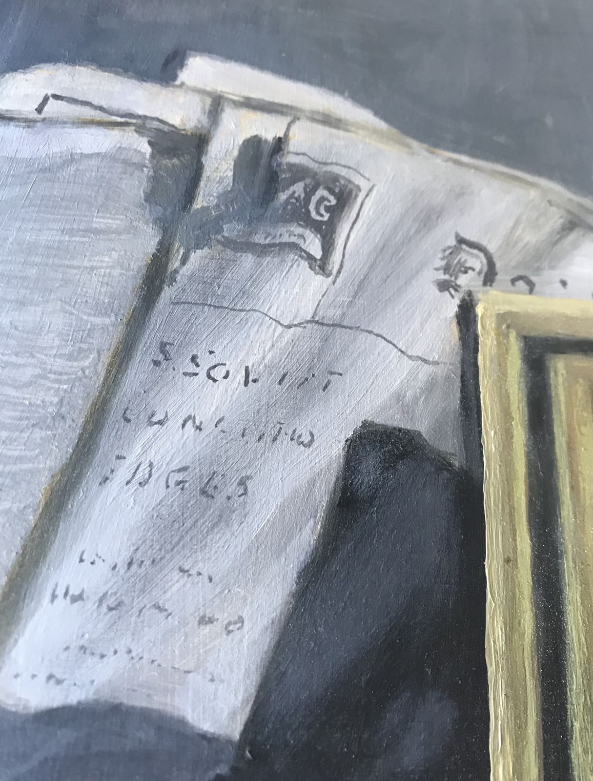 20th Century Still Life Oil On Board  Of A Tablescape With A Reflected Portrait And Newspaper With A Soviet Headline photo Art