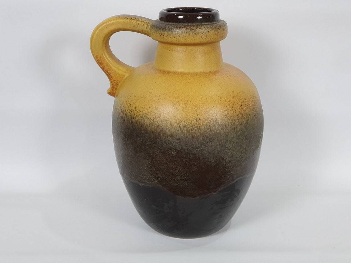 Very Large West German Pottery Fat Lava Handled Floor Vase In A Striking Mustard And Brown Glaze: Scheurich 486 48 photo for sale