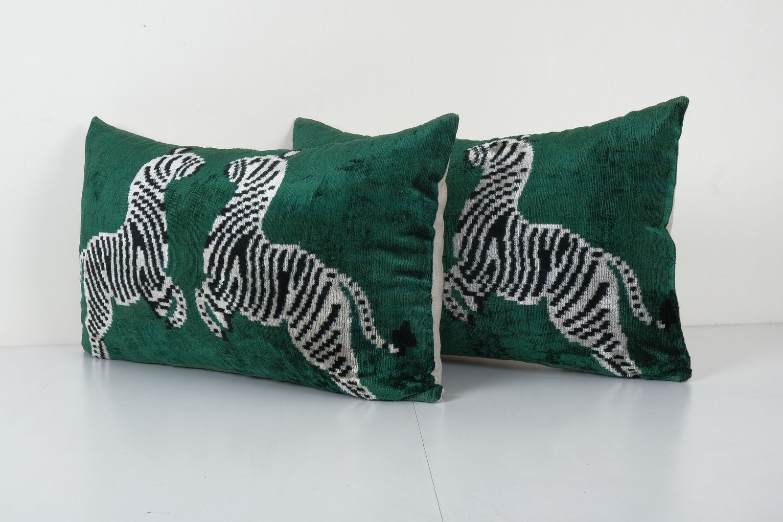 Pair Zebra Ikat Velvet Pillow, Set Animal Silk Lumbar Cushion Cover, Boho Pillow 16'' X 24'' photo furniture