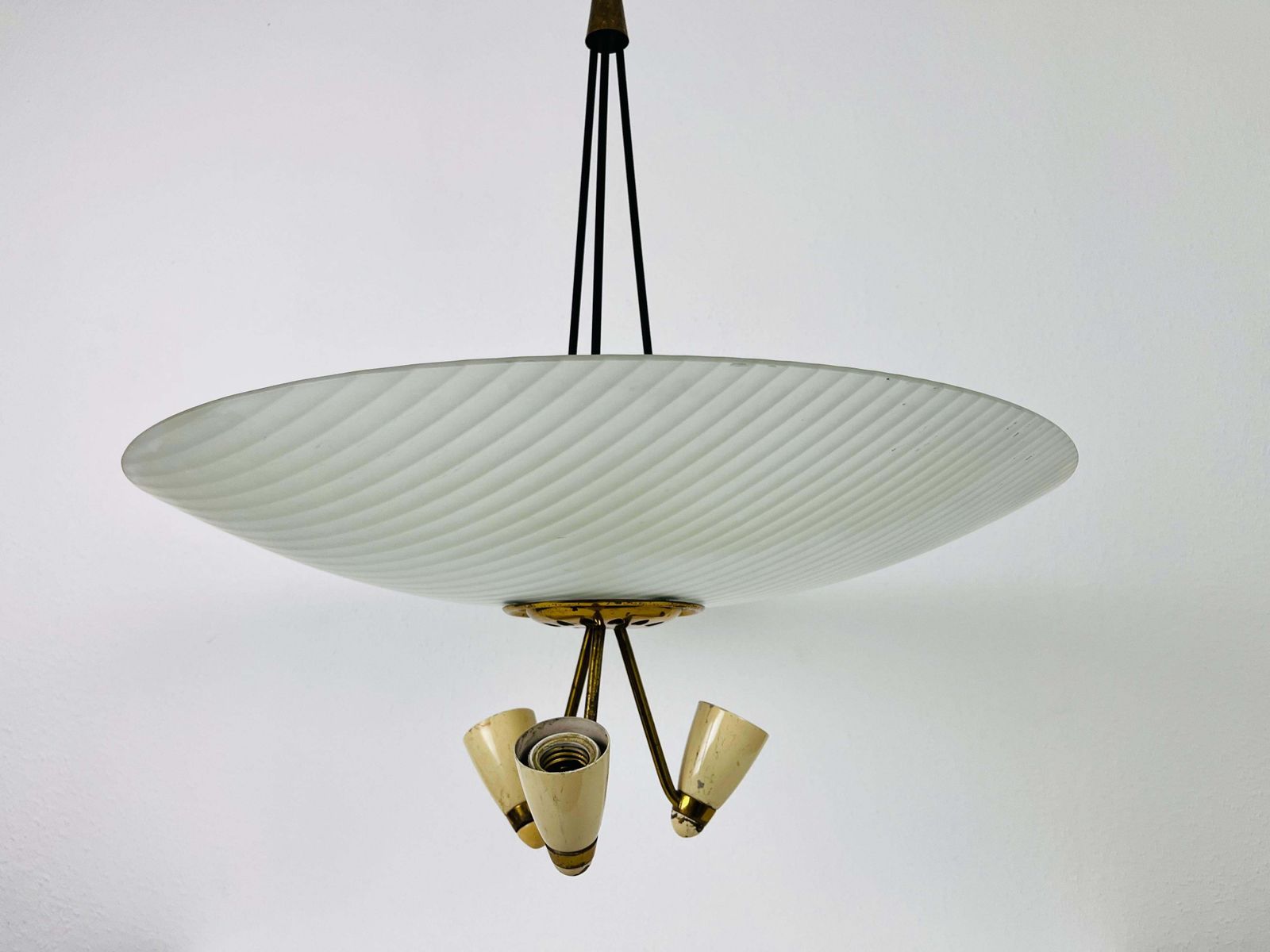 Italian Midcentury Brass And Glass Chandelier, 1950s photo for sale