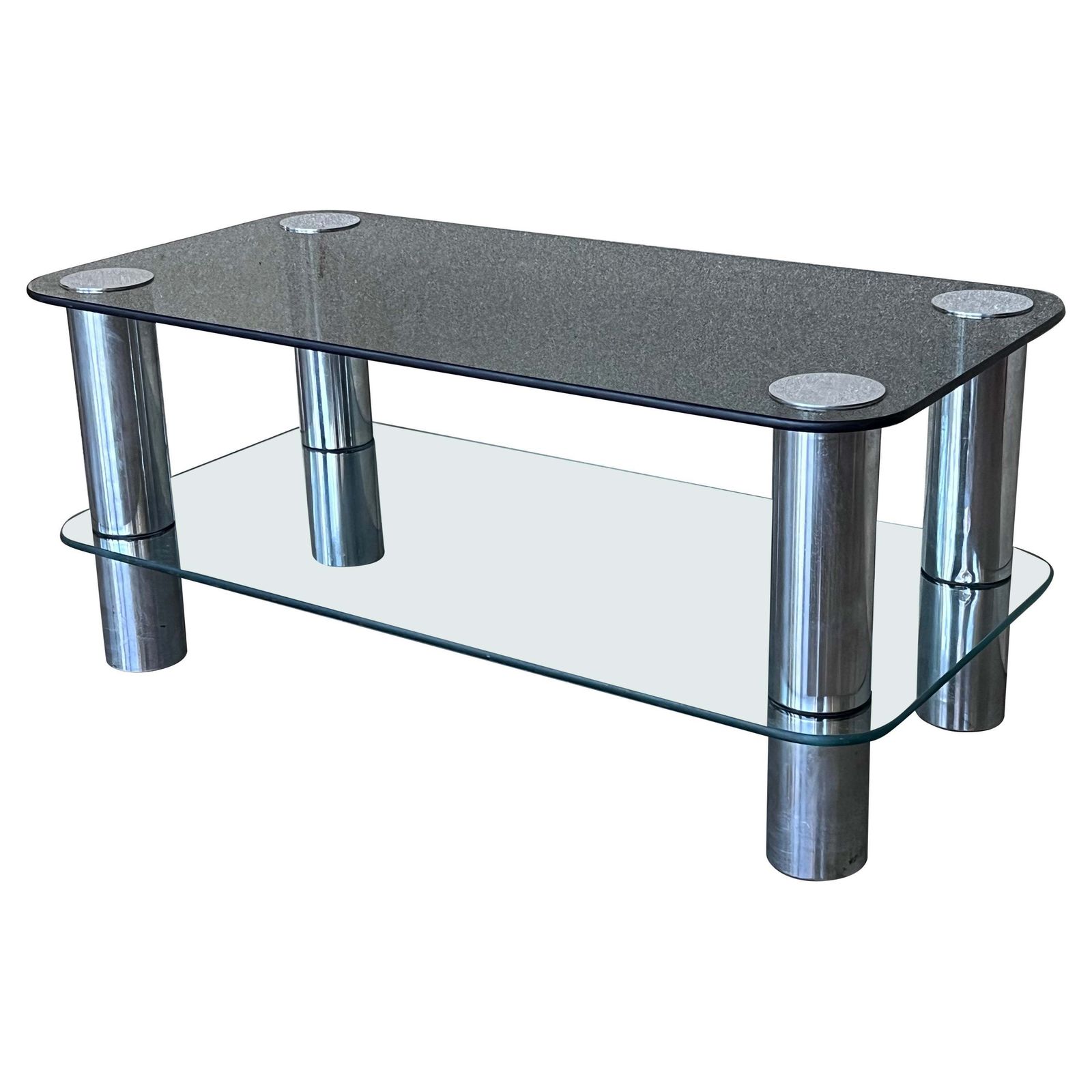 Table basse mid-century modern en chrome tubulaire à deux niveaux, plateau en verre fumé