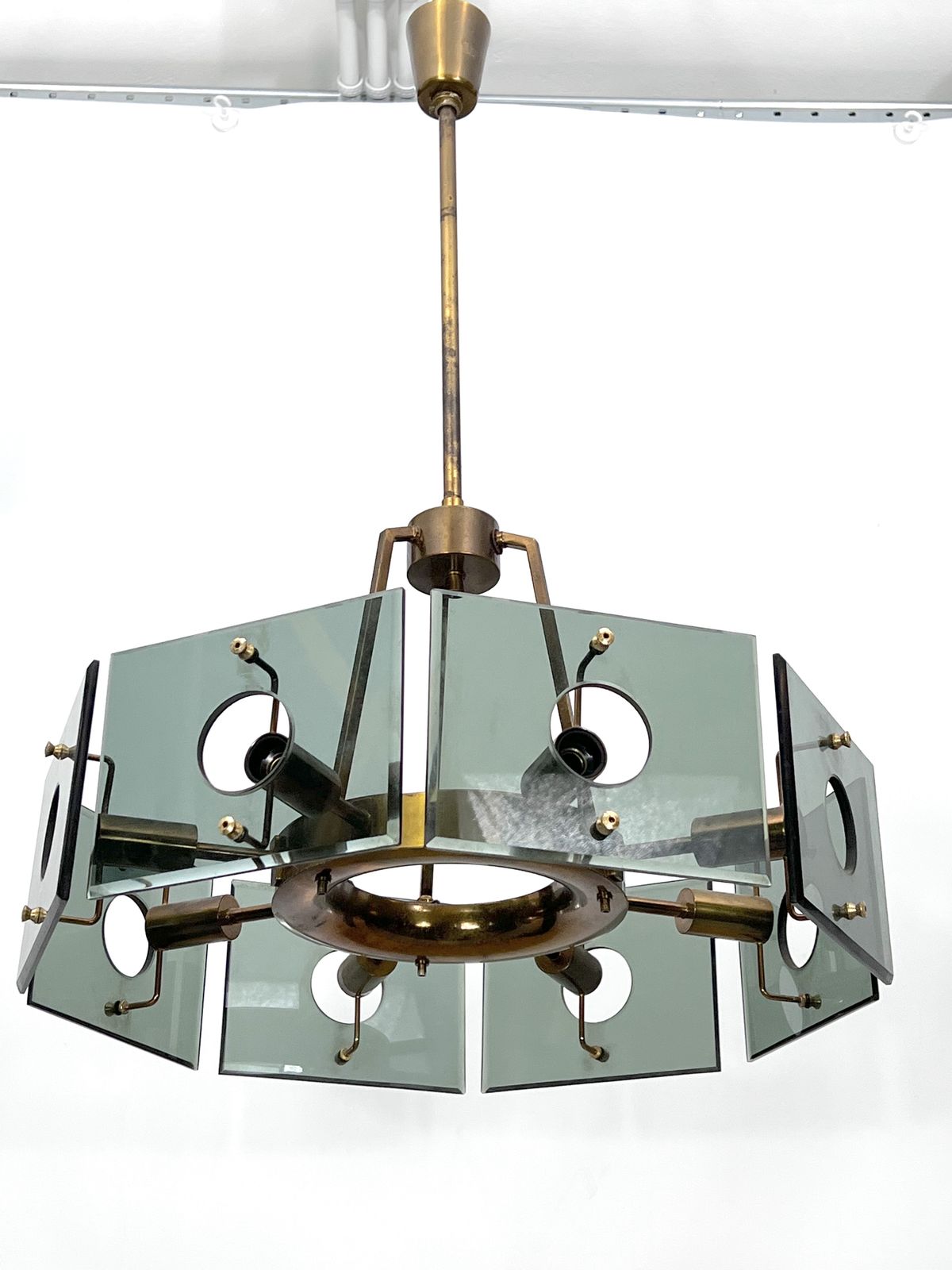 Gino Paroldo, Modernist Brass And Smoked Glass Chandelier. Italy 1960s