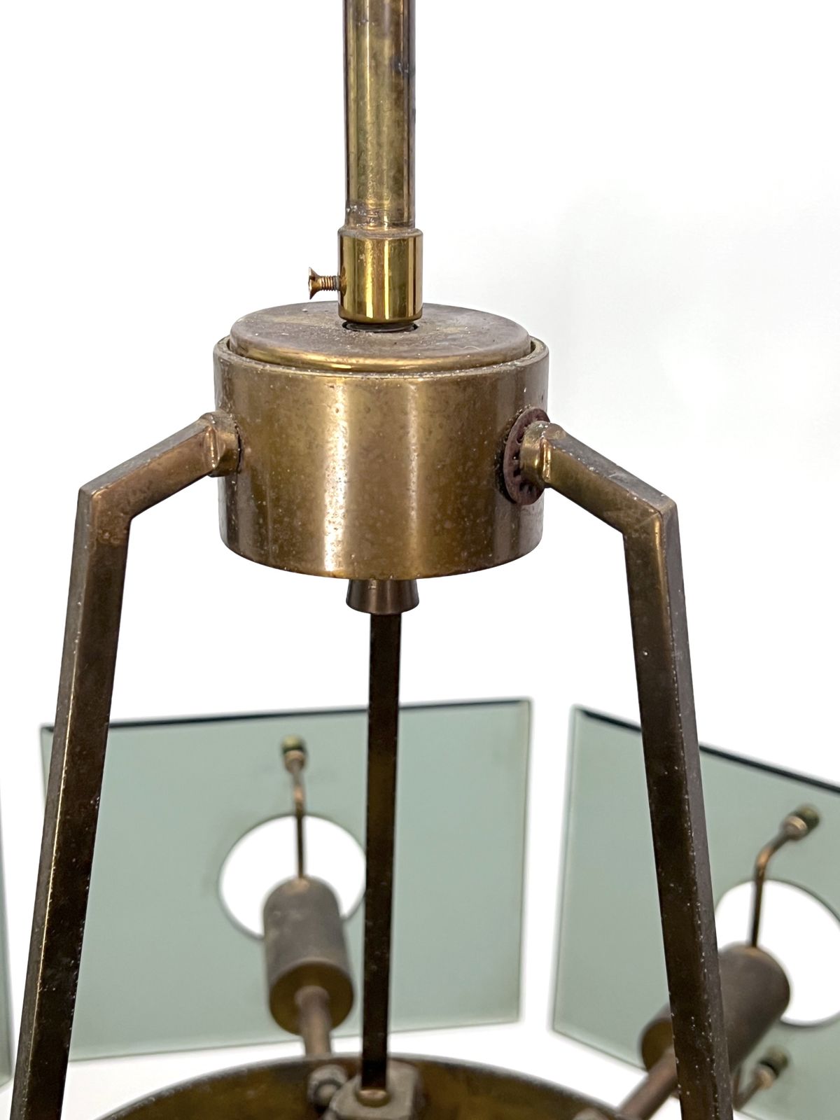 photo buy Gino Paroldo, Modernist Brass And Smoked Glass Chandelier. Italy 1960s