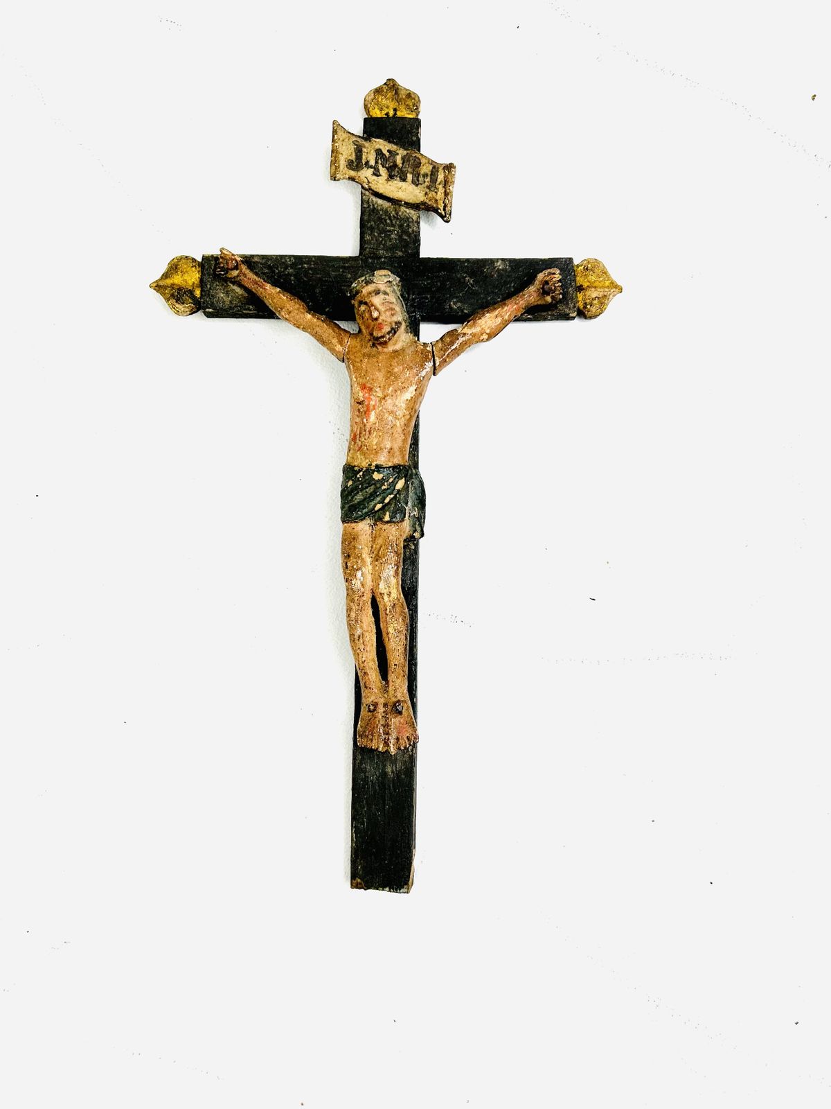 photo furniture A Primitive Inri Carved & Painted Inri Last Rites Corpus On Wooden Cross   Religious Art