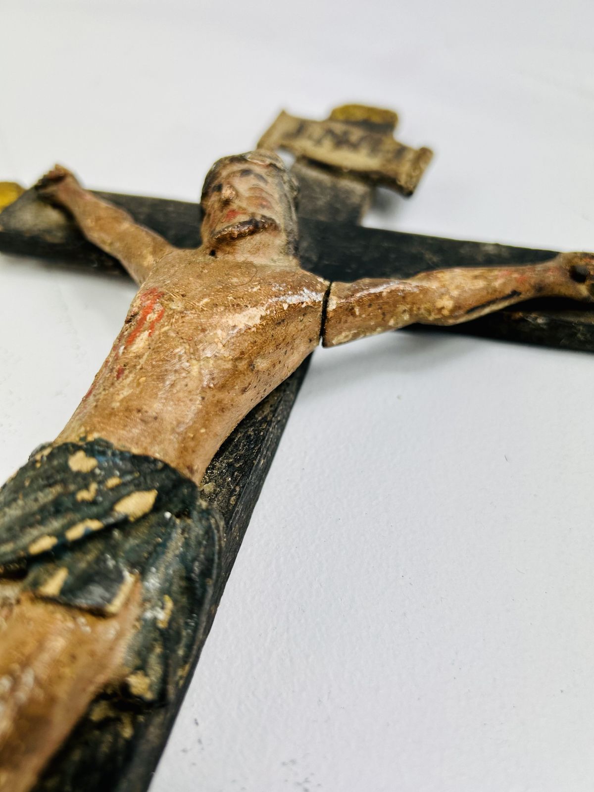 photo for sale A Primitive Inri Carved & Painted Inri Last Rites Corpus On Wooden Cross   Religious Art