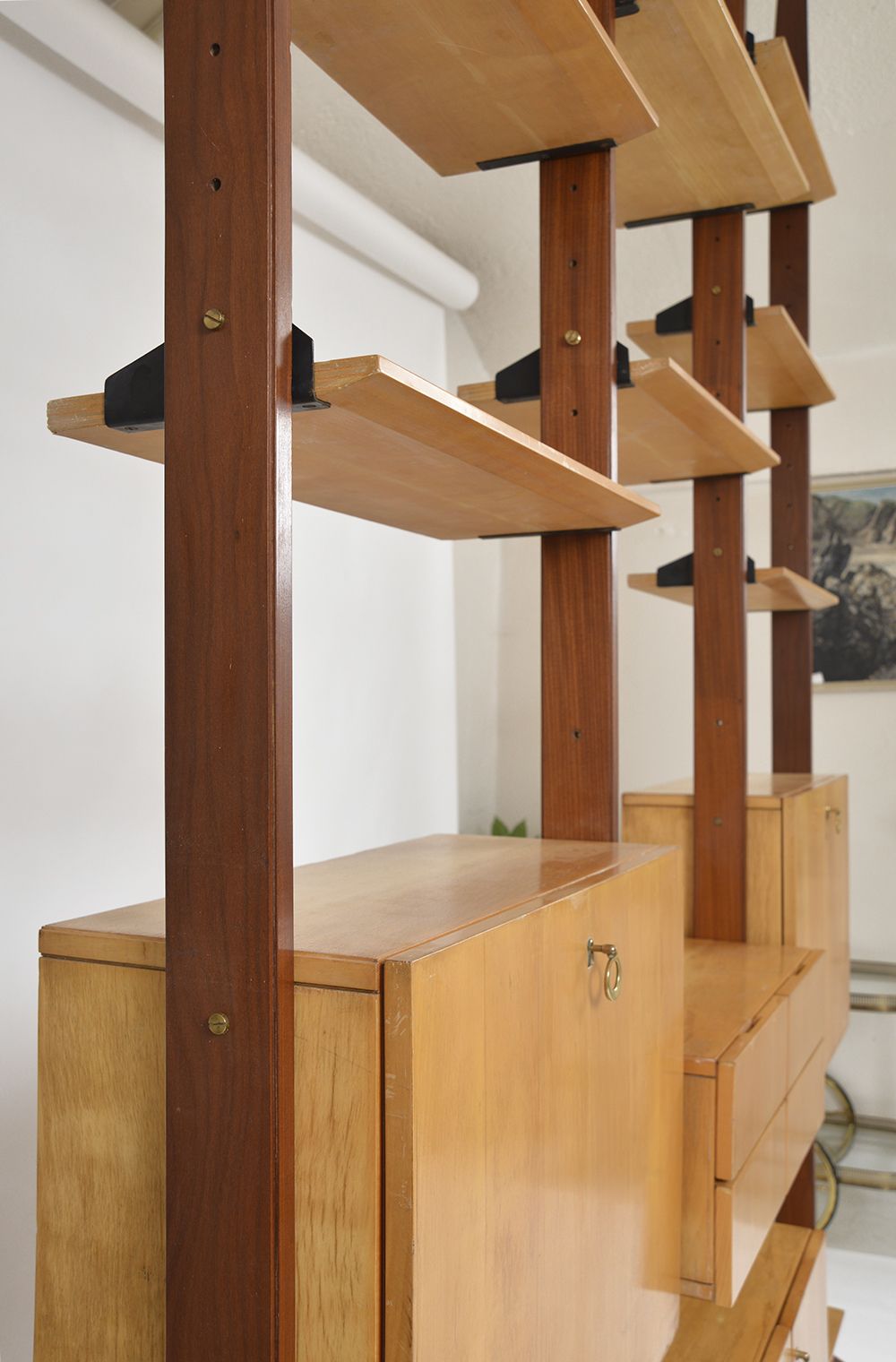Large 1950s Italian Mid Century Teak Maple Freestanding Shelving System 18 Pieces photo vinterior
