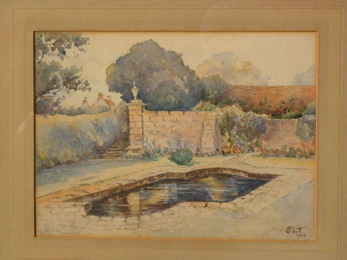 Vintage 1930 Signed Watercolour Painting Of A Formal Garden Pond photo furniture