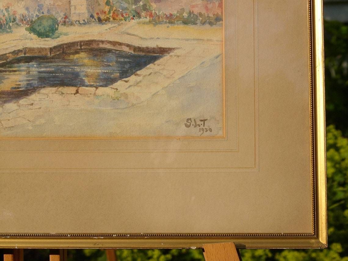 Vintage 1930 Signed Watercolour Painting Of A Formal Garden Pond photo vinterior