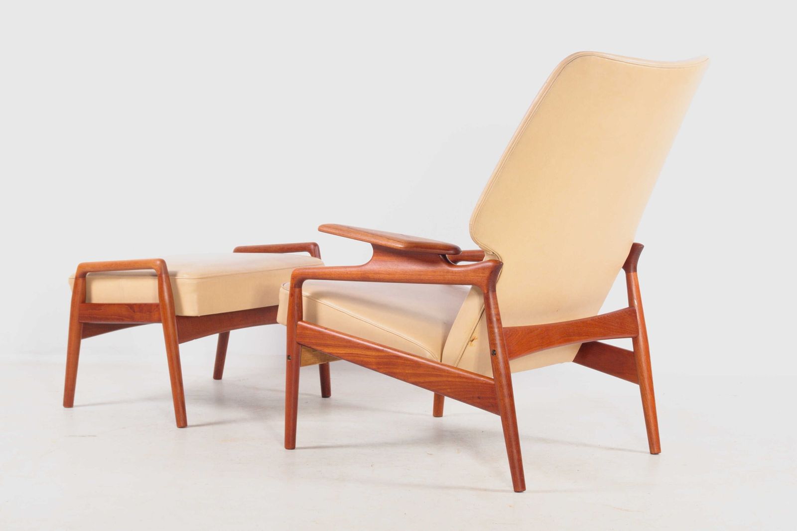 Wing Chair With Footstool. Teak And Imitation Leather, John Boné, Vintage, Denmark, Ca 1965 photo buy