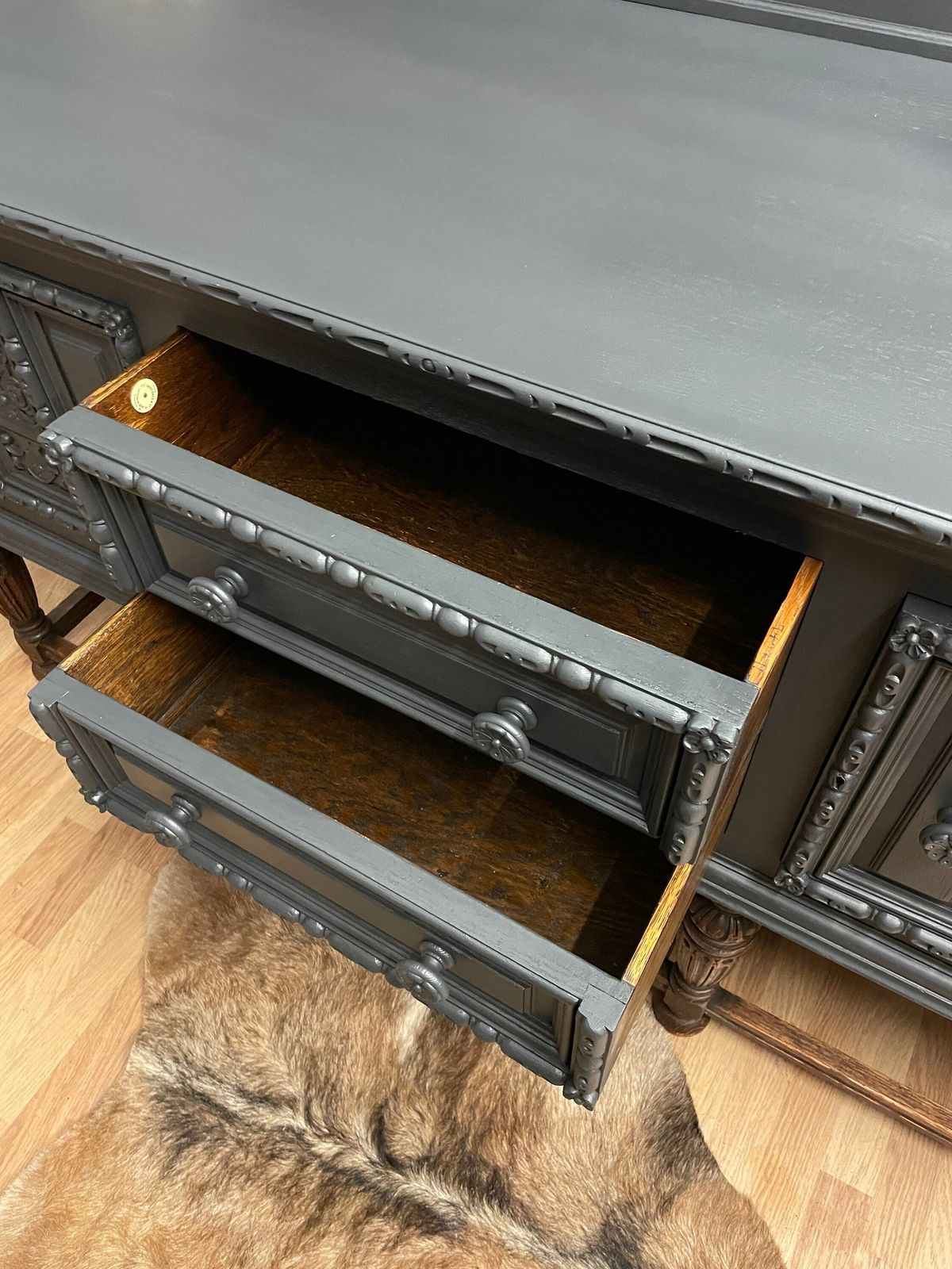 Professionally Spray Painted One Off Stunning Oak Sideboard In Dark Grey photo 1450.0