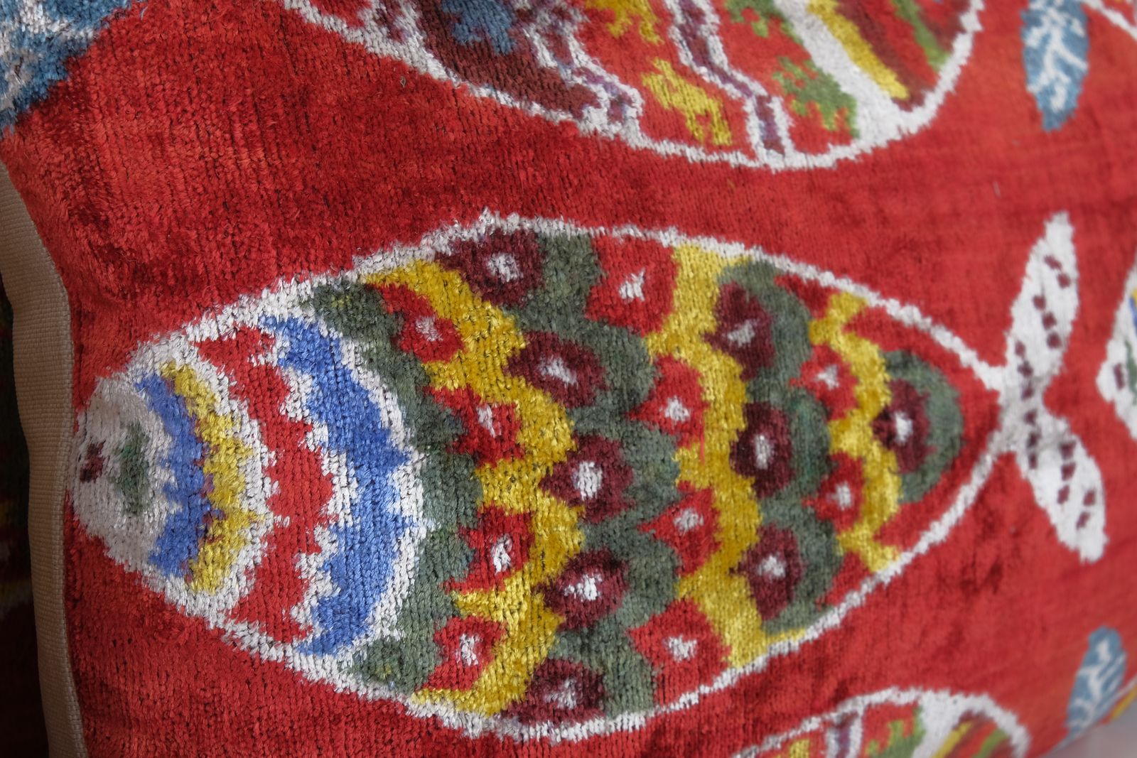 Fish Ikat Velvet Bedding Pillow, Set Of Three Red Silk Lumbar Cover, Matching Boho Pillow, Uzbek Velvet Cushion Cover photo 200.0