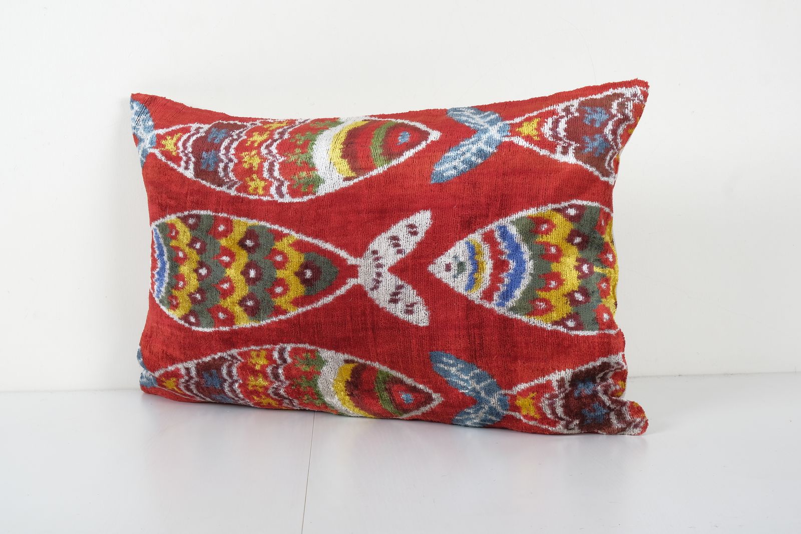 Fish Ikat Velvet Pillow, Red Silk Lumbar  Cover, Boho Pillow, Uzbek Velvet Cushion Cover 16'' X 24'' photo 60.0