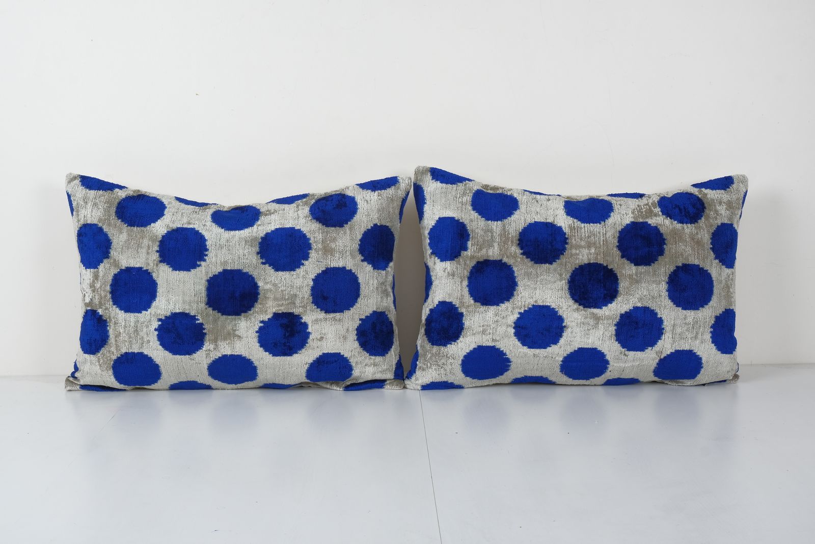 Silk Ikat Velvet Pillowcase, Set Of Two Blue Lumbar , Ethnic Throw Pillow, Pair Ikat Lumbar Pillow 16'' X 24''
