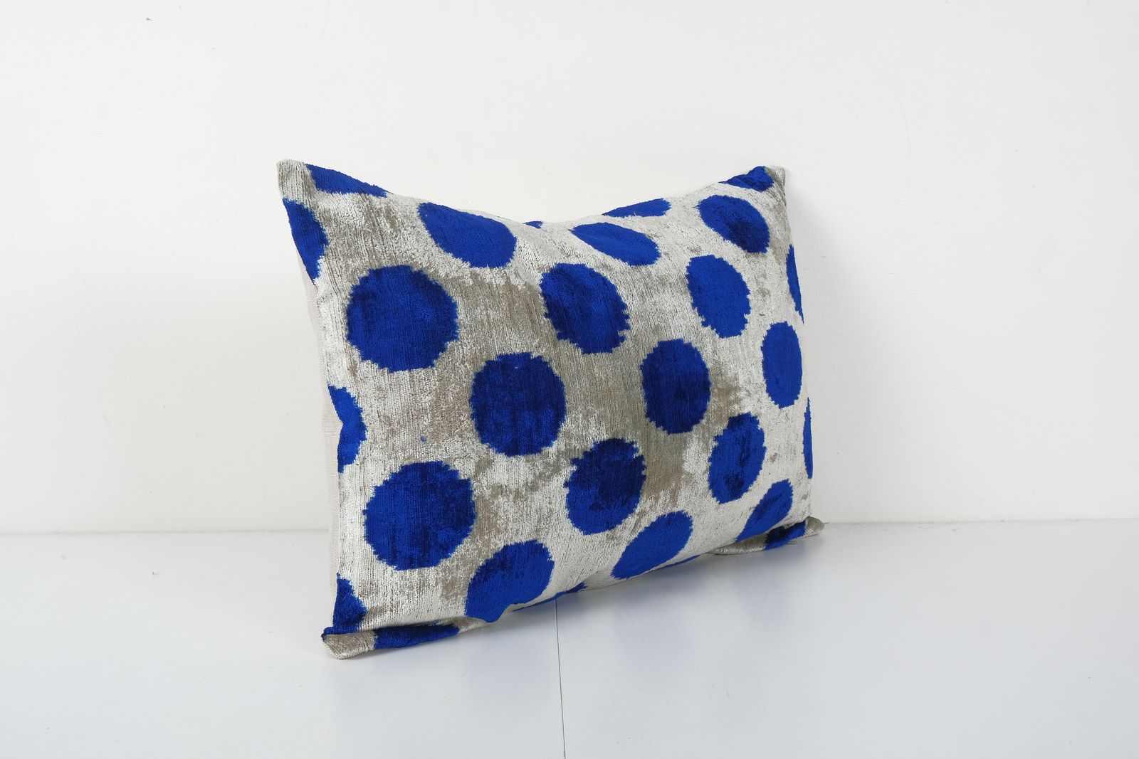Blue Silk Ikat Velvet Pillow Cover, Handloom Polka Dot Ikat Lumbar Cushion Cover, Decorative Pillowcase 16'' X 24'' photo furniture