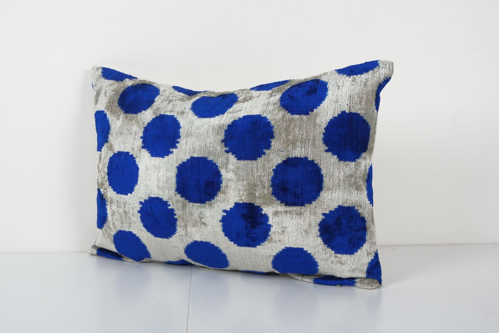 Blue Silk Ikat Velvet Pillow Cover, Handloom Polka Dot Ikat Lumbar Cushion Cover, Decorative Pillowcase 16'' X 24'' photo for sale
