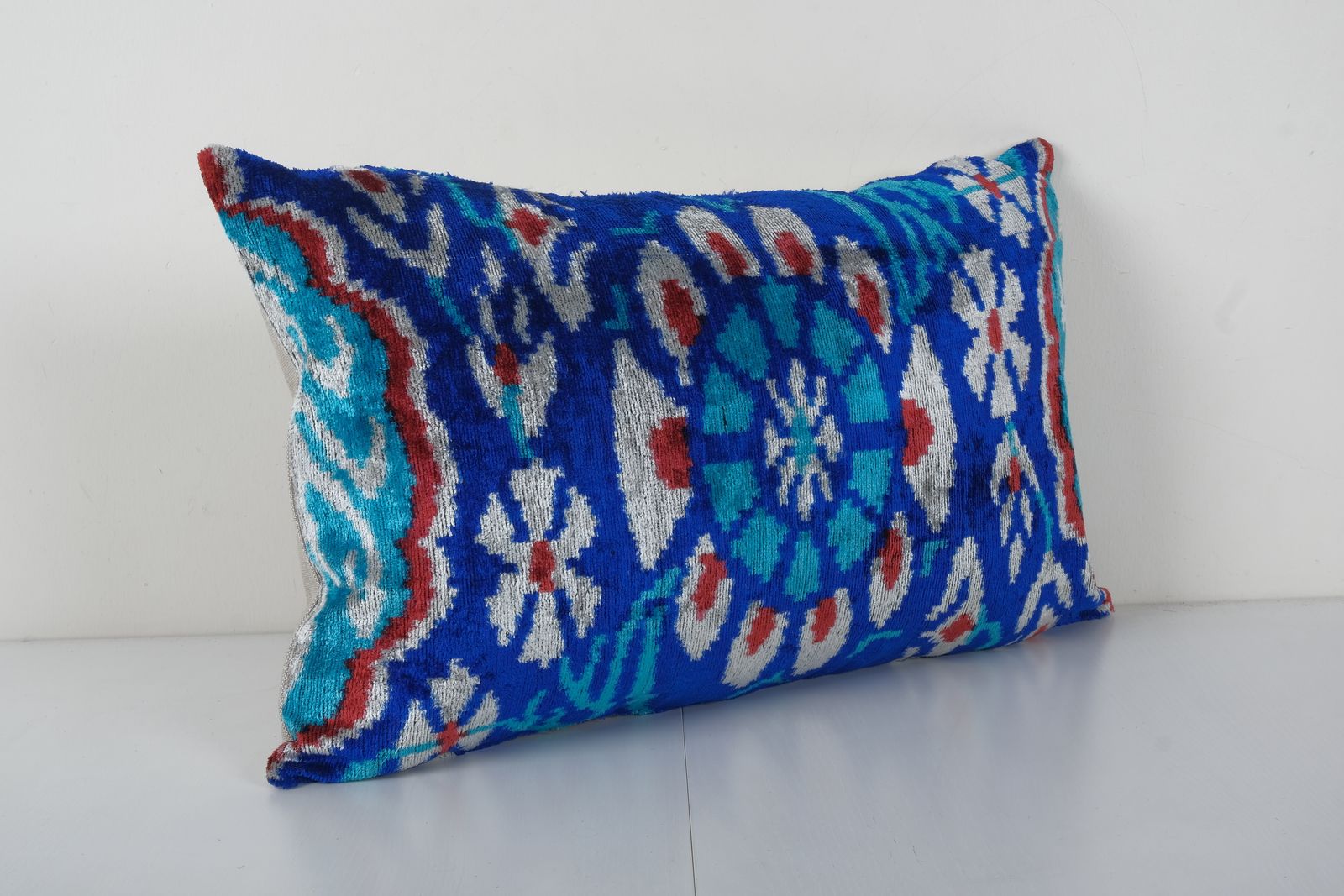 Ikat Velvet Pillow   Blue Silk Lumbar Cushion Cover   Boho Home Decor 16'' X 24'' photo furniture