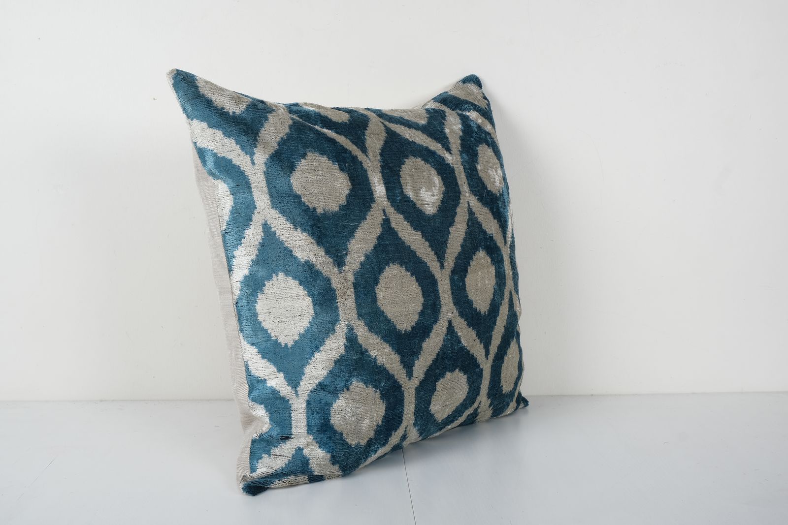 Square Pale Blue Ikat Velvet Pillow, Silk White Polka Dot Velvet Cushion Cover, Boho Pillow 23'' X 23'' photo furniture