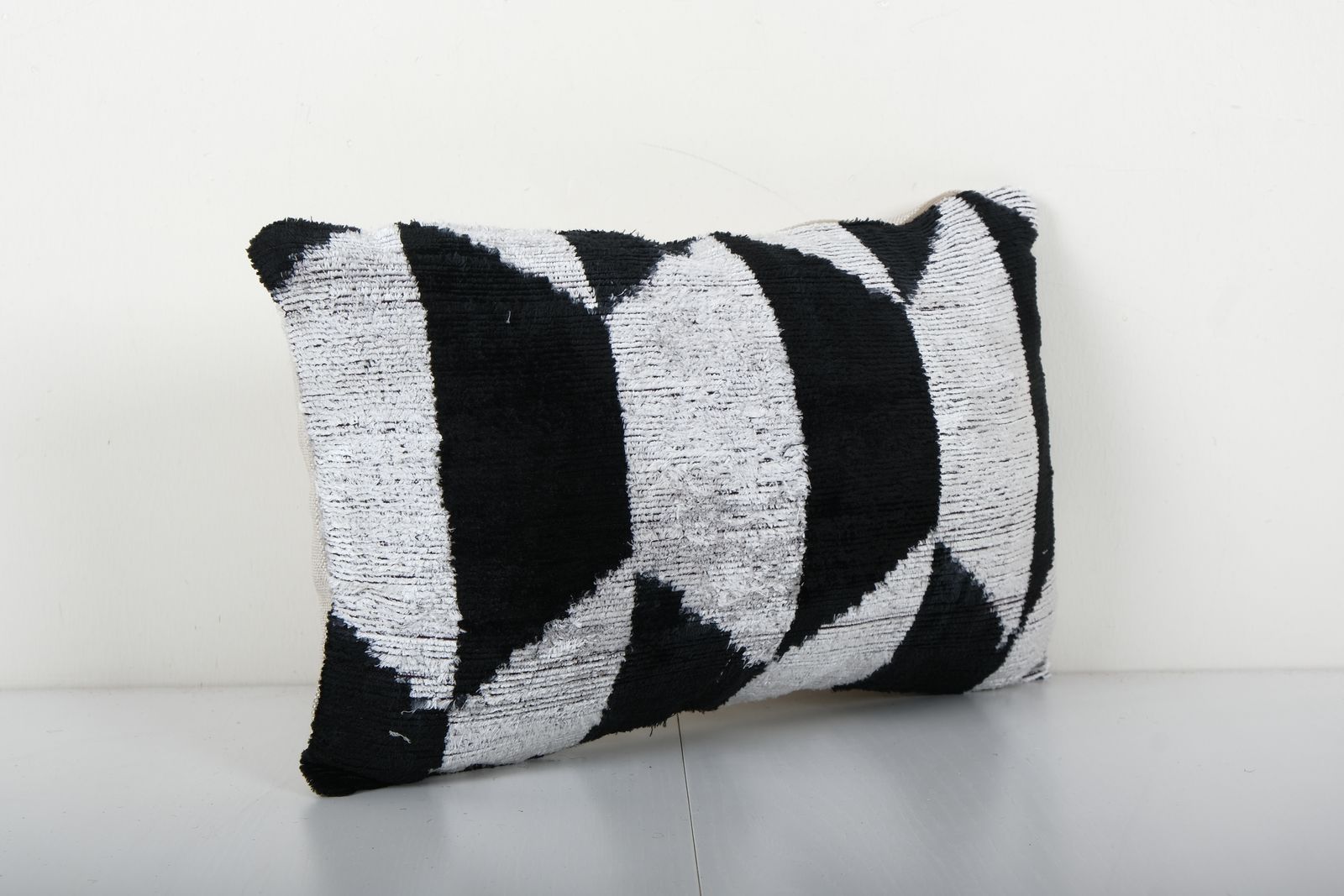 Ikat Velvet Pillow, Silk Lumbar Body Cushion Cover, Black And Cream Boho Chic Pillow Cover 9'' X 16'' photo Textiles
