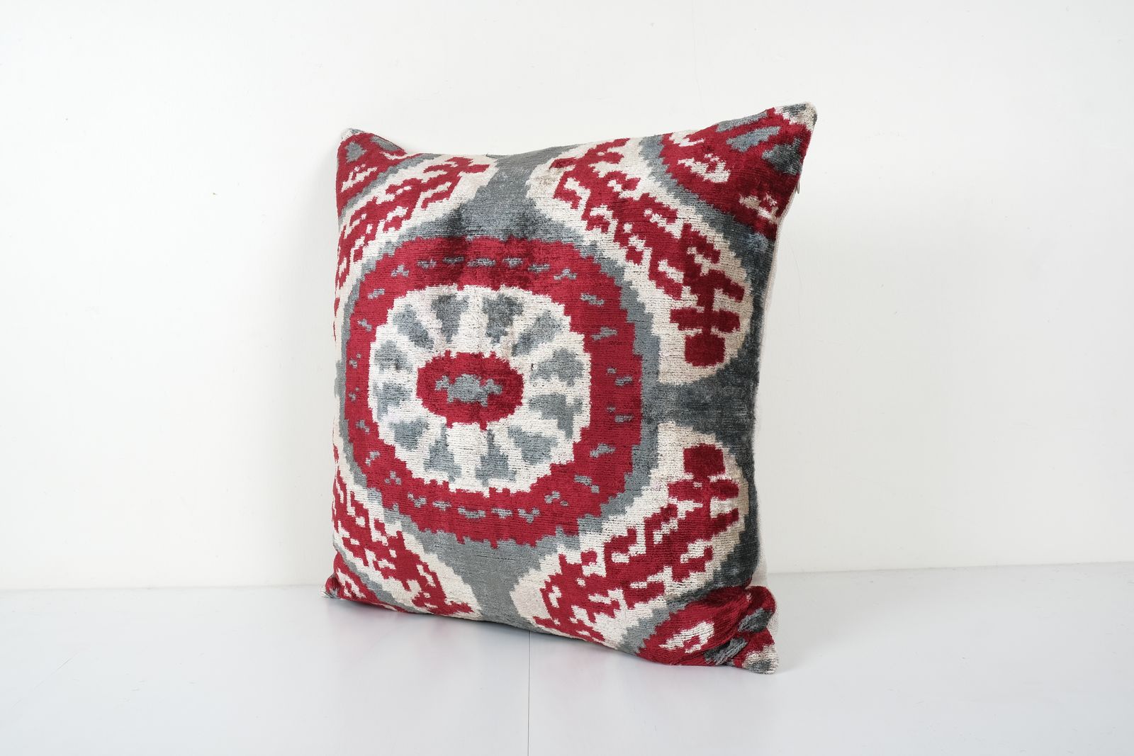Silk Ikat Velvet Pillow Cover, Square Granite Gray Uzbek Velvet  Case, Handloom Designer Throw Pillow 24'' X 24'' photo furniture
