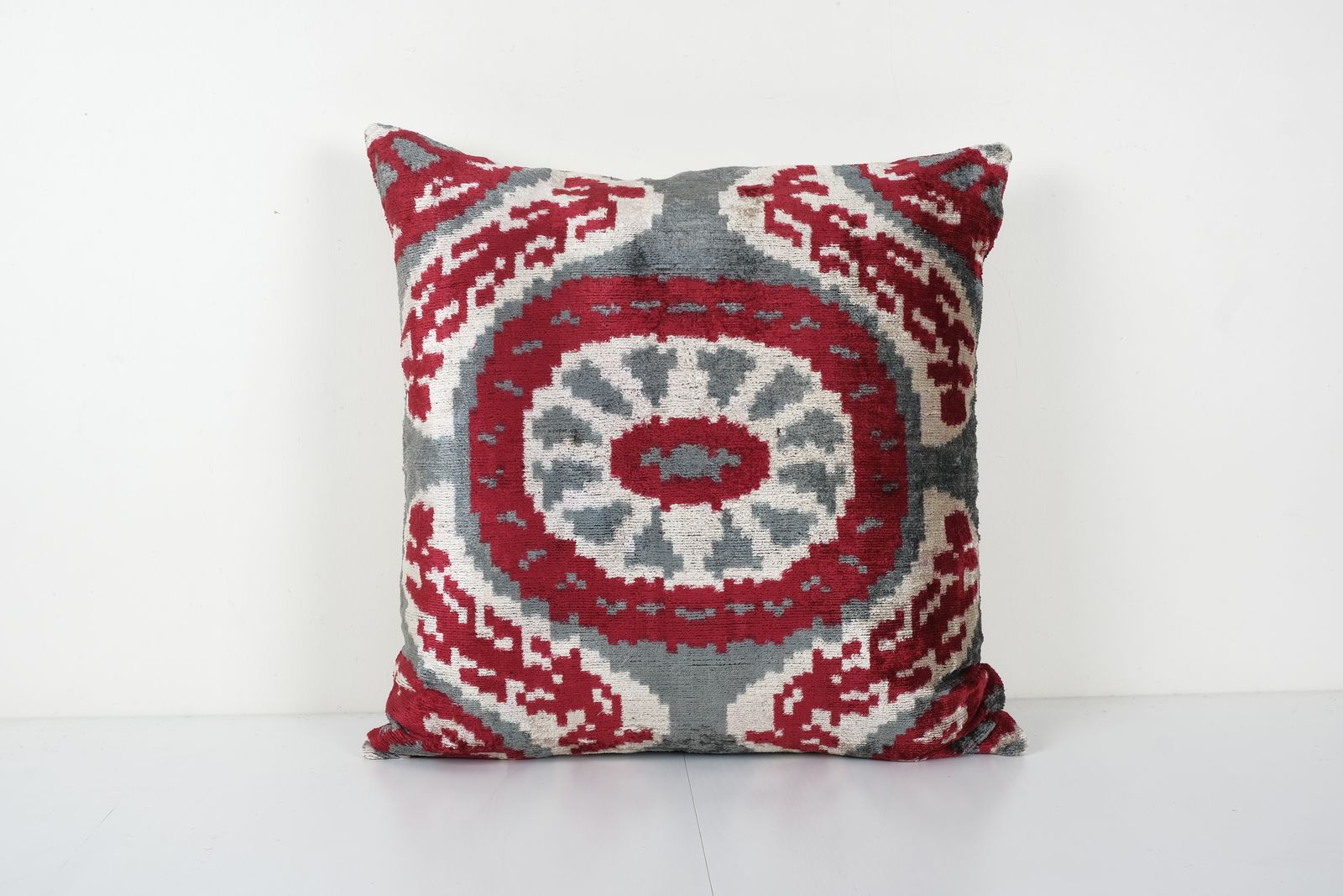 Silk Ikat Velvet Pillow Cover, Square Granite Gray Uzbek Velvet  Case, Handloom Designer Throw Pillow 24'' X 24''