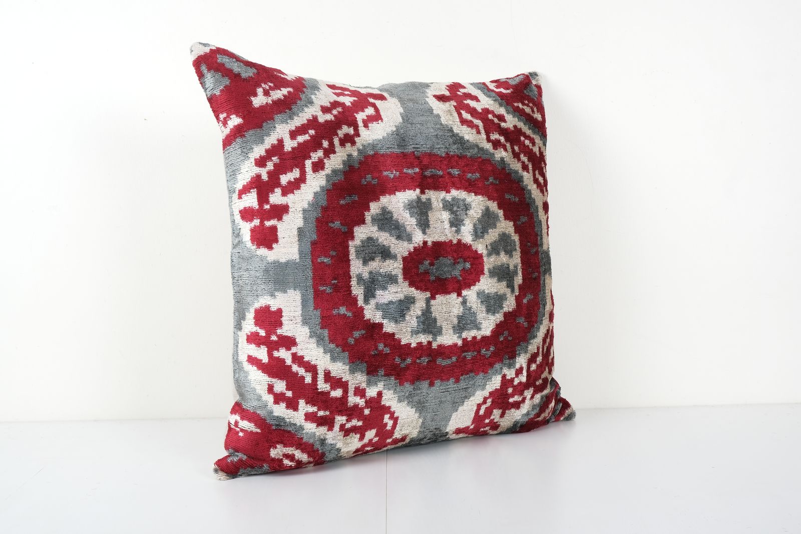 Silk Ikat Velvet Pillow Cover, Square Granite Gray Uzbek Velvet  Case, Handloom Designer Throw Pillow 24'' X 24'' photo Textiles