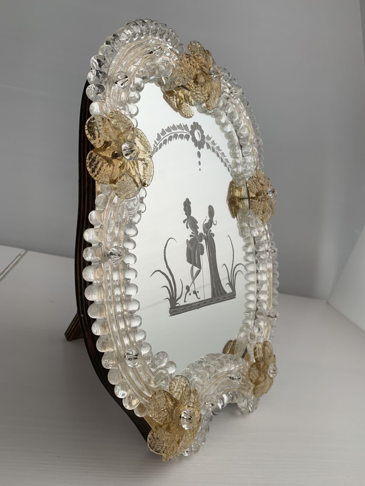 Transparent And Gold Murano Glass Photo Frame With Flowers.