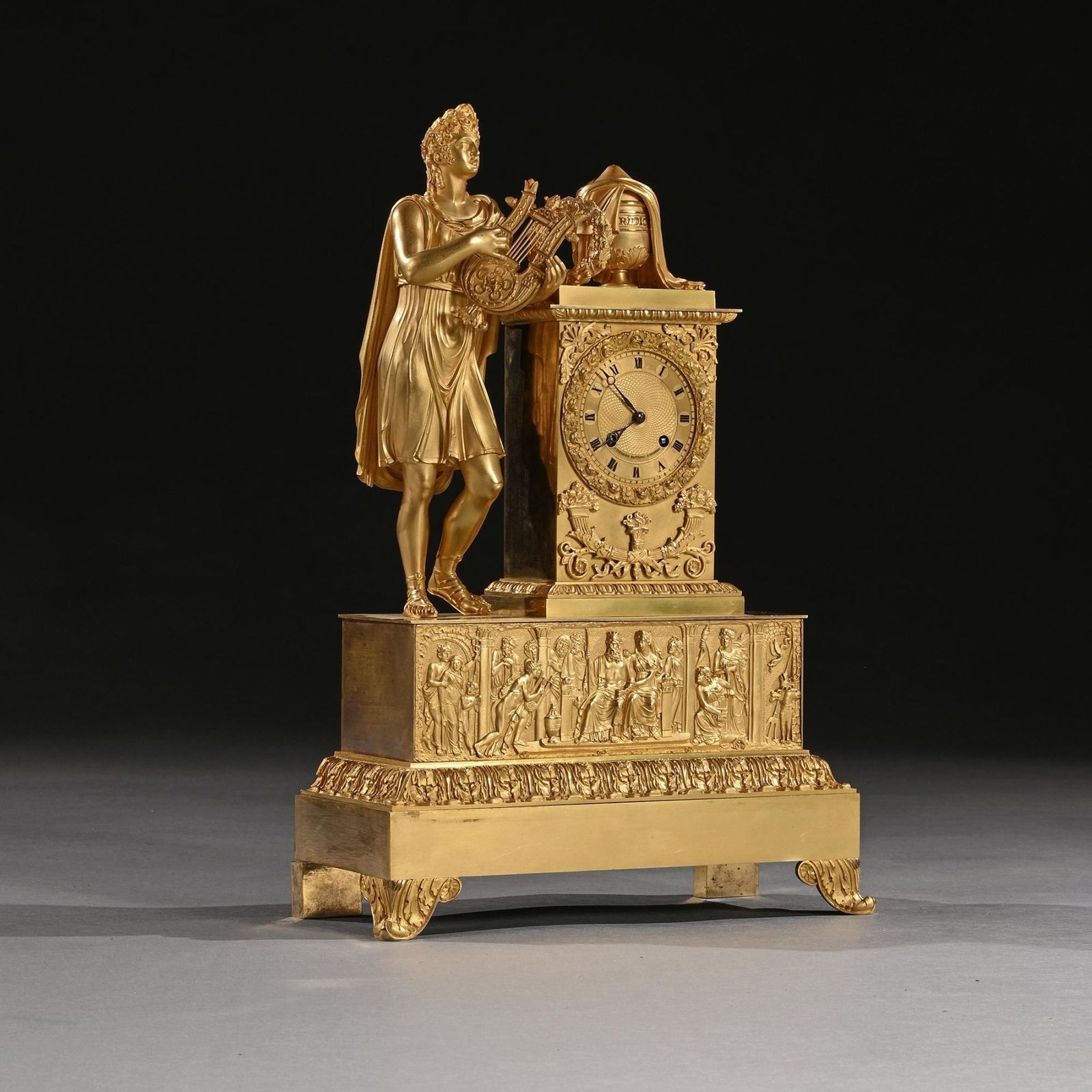 Large French Empire Period Gilt Bronze Figural Mantel Clock Of Exceptional Quality photo for sale