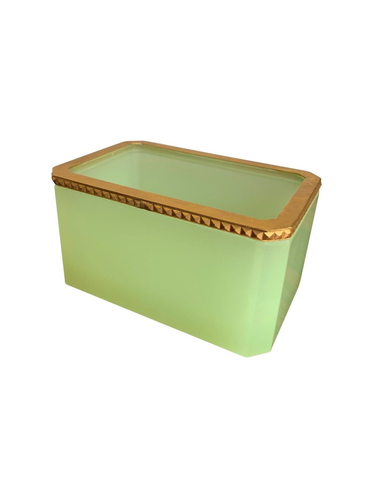 A 1950s Murano Green Opaline Jewellery Box With Gilt Metal Edging.