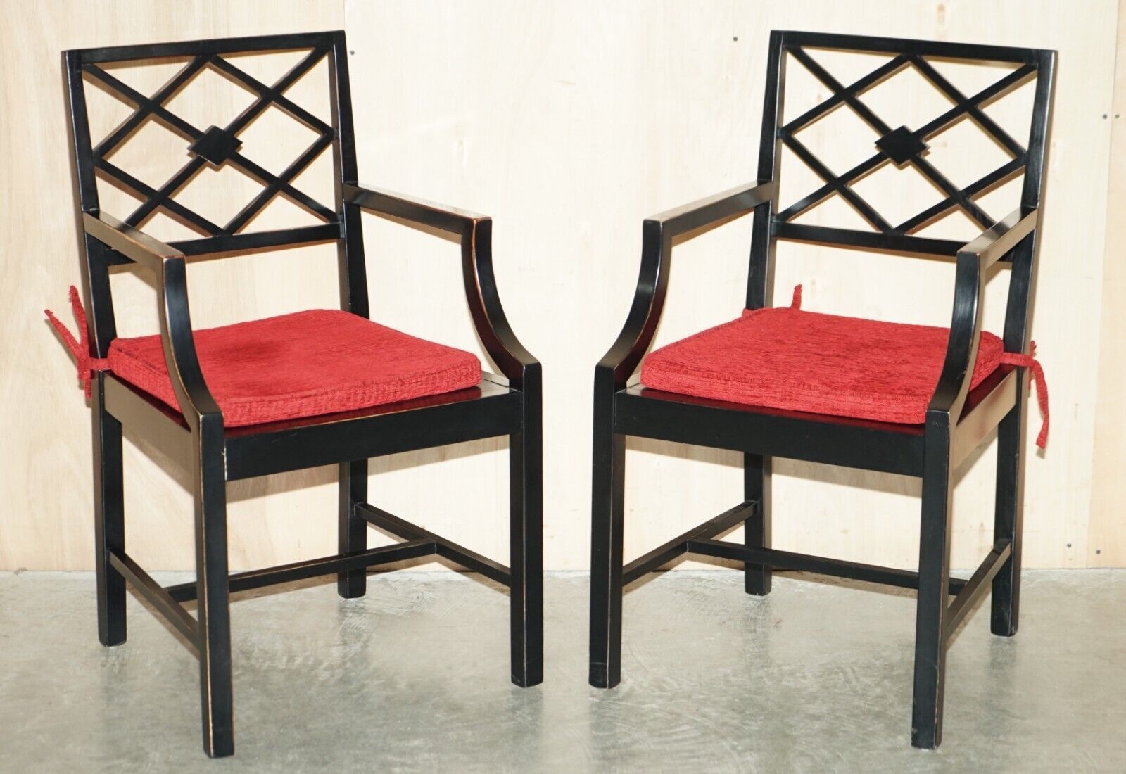 Pair Of Vintage Chinese Thomas Chippendale Style Ebonised Aged Side Chairs
