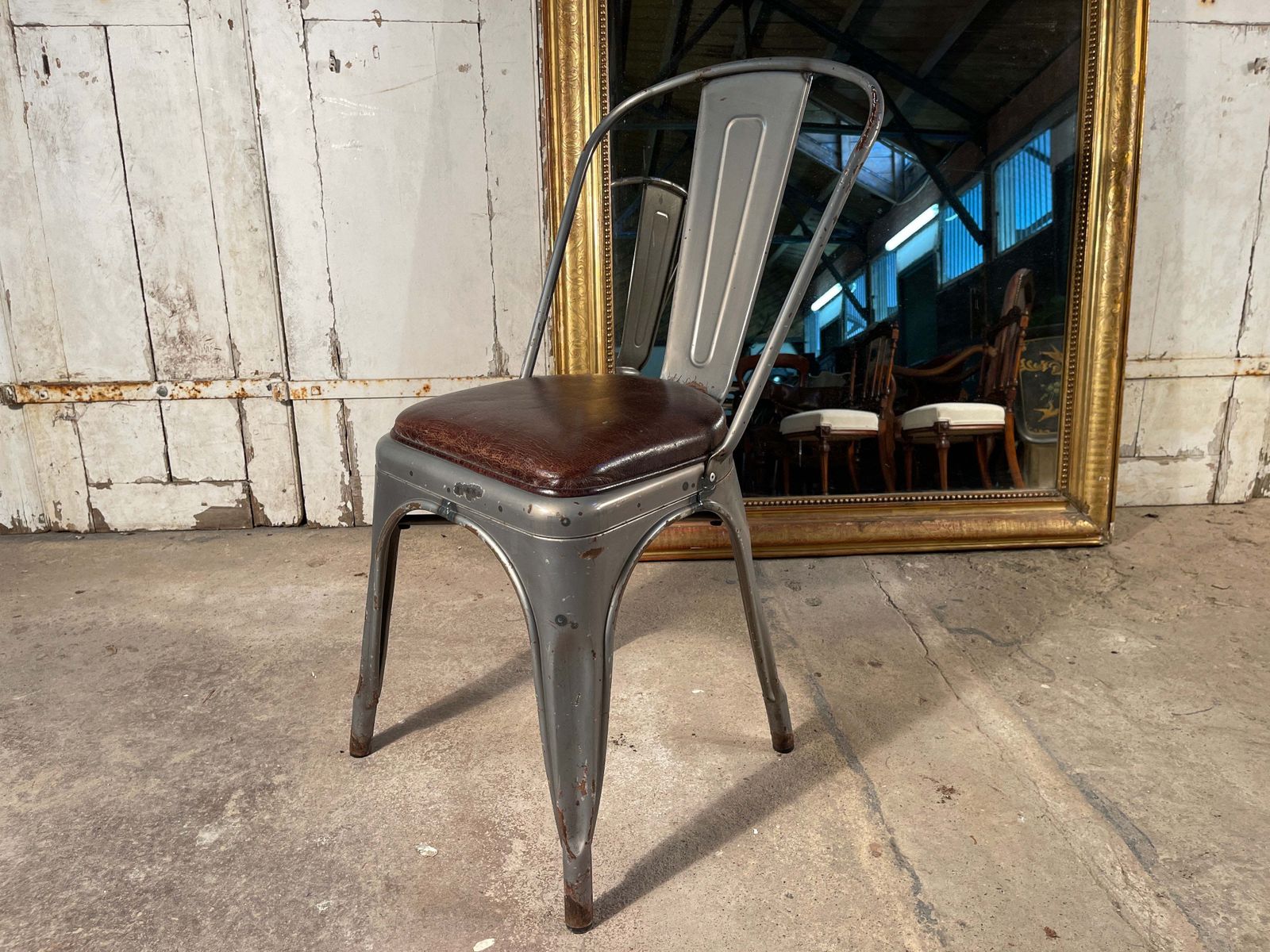 Vintage French Stacking Tolix Café Chairs Leather Seat Metal Frame photo vinterior