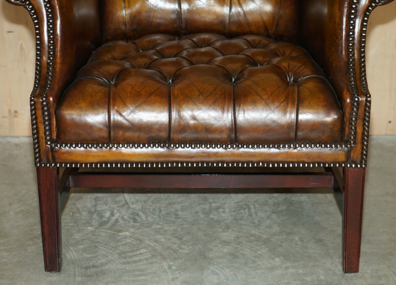Antique Restored Cigar Brown Leather Chesterfield Tufted Library Armchair photo Furniture